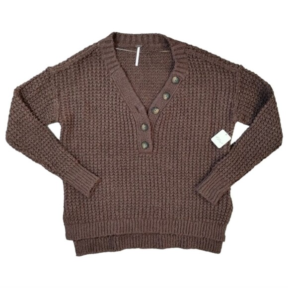 Free People Oversized Whistle Thermal Henley Sweater Brown - Picture 5 of 13